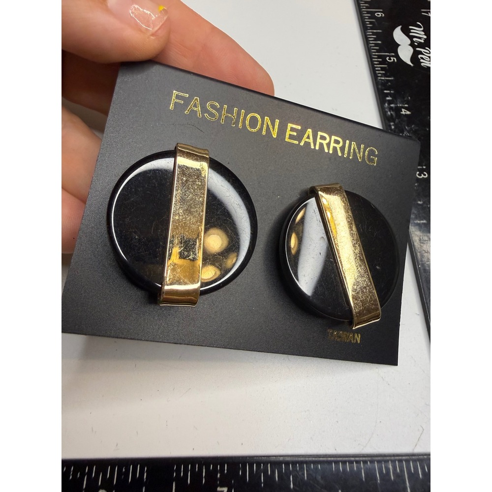 Vintage Black Gold Tone Round Bar Clip On Earrings Modernist Statement Jewelry